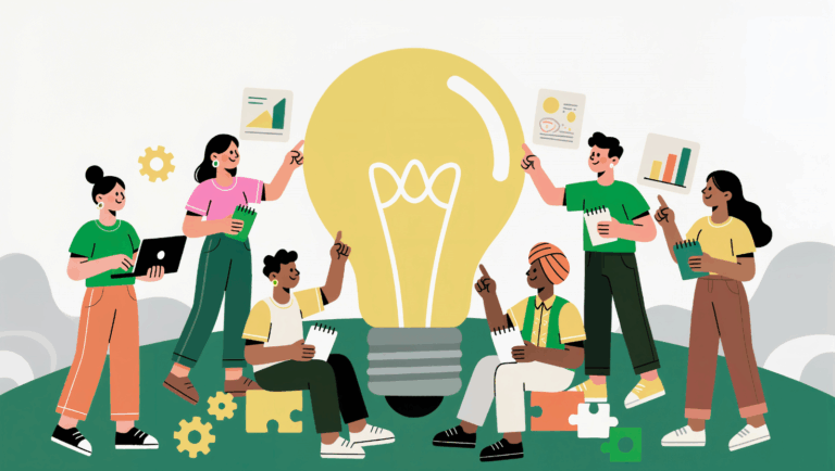 Graphic of learners around a giant lightbulb