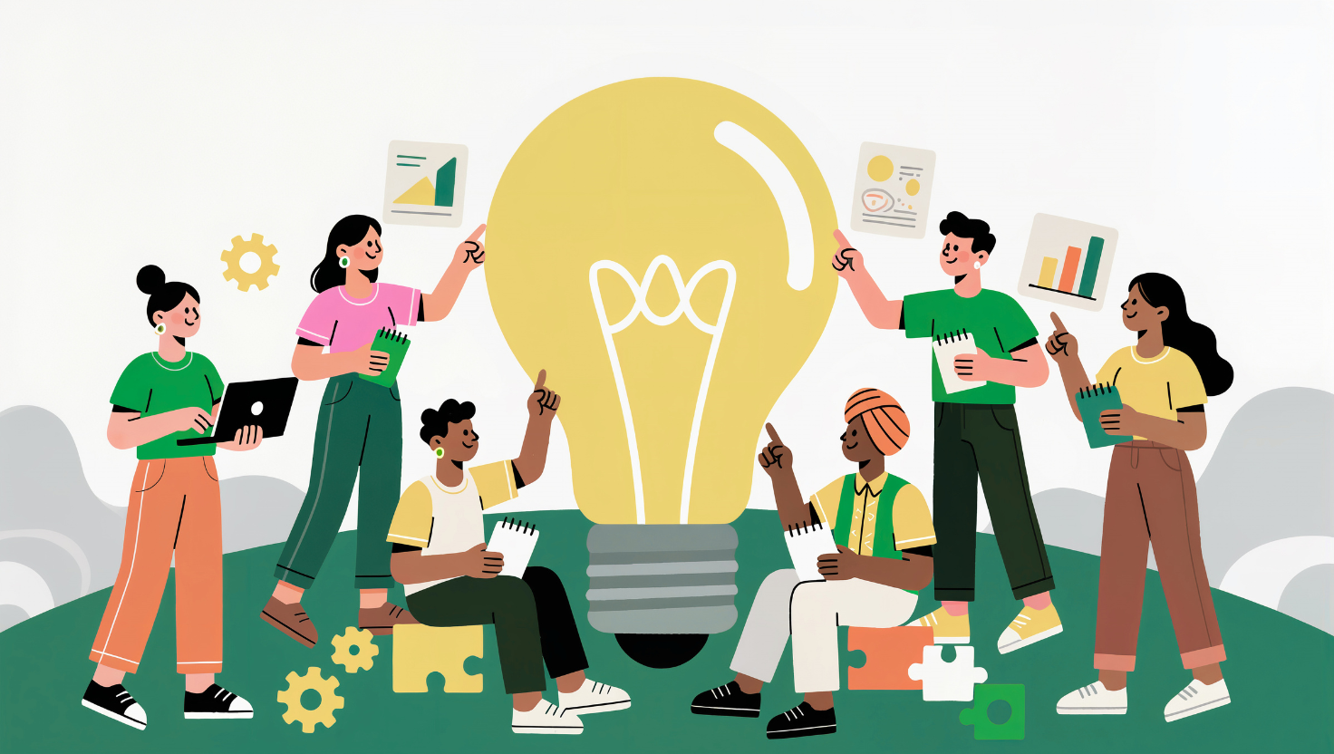 Graphic of learners around a giant lightbulb